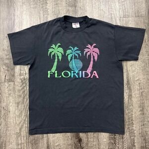 Vintage Multicolor Florida Palm Tree T-Shirt Faded Black Single Stitch Tee L
